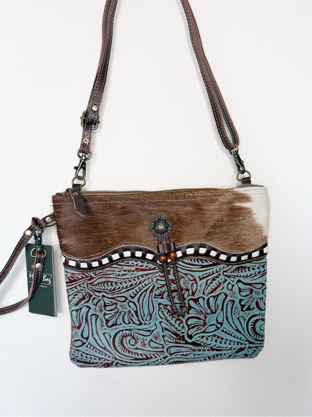 Tooled Turquoise & Brown Leather Crossbody Bag